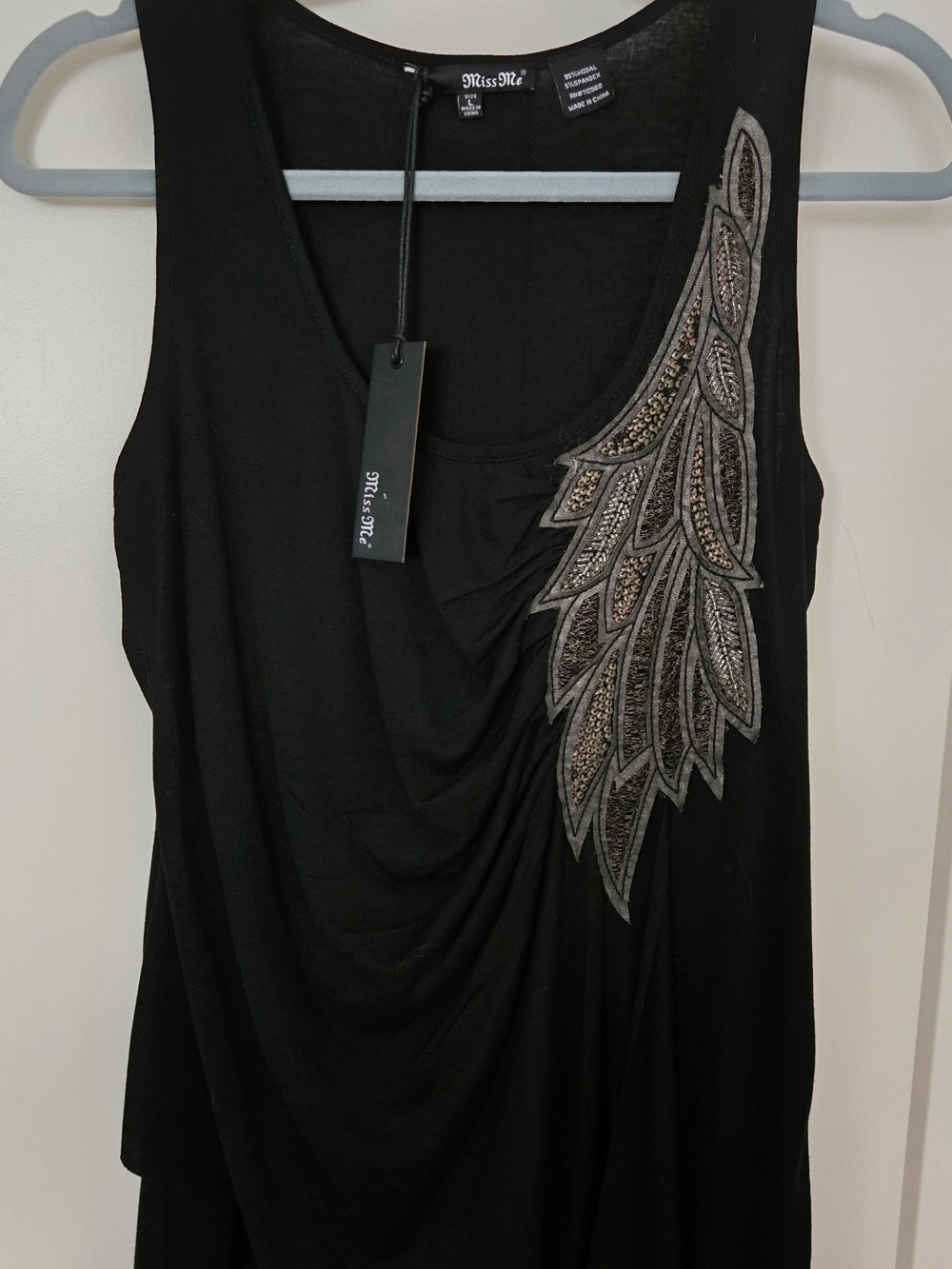 Miss Me Black Tank with Metallic Feather Embellishment